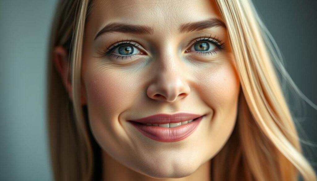 A close-up portrait of a woman's face, lit by soft, diffused lighting that accentuates her youthful, radiant skin. The woman's expression is serene and relaxed, with a slight smile that conveys a sense of confidence and rejuvenation. Her forehead and the area around her eyes appear smoother, suggesting the effects of a Dysport treatment performed at Capri Med Spa. The background is blurred, placing the focus entirely on the woman's rejuvenated facial features. The image captures the natural, enhanced results one can expect from Dysport treatments at Capri Med Spa.