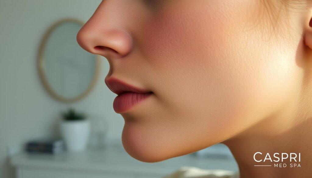 A close-up shot of a woman's face, highlighting the subtle contours and depressions around the nose and cheeks. Soft, natural lighting from the side accentuates the facial features, creating an atmospheric, meditative mood. The skin appears smooth and blemish-free, with a healthy, youthful glow. In the foreground, the NasoLabial folds are visible, a common area of concern for many people seeking aesthetic treatments. In the background, a minimalist, clean environment suggests a professional medical setting, like the Capri Med Spa. The overall image conveys a sense of serenity and the potential benefits of non-invasive filler treatments to address this common aesthetic concern.