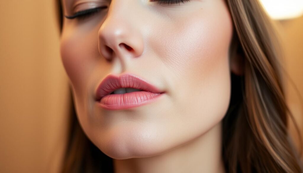 A close-up shot of a woman's face, showcasing the NasoLabial Folds and the preparation for a filler treatment. The skin is smooth and youthful, with a natural glow. The lighting is soft and flattering, accentuating the facial features. The background is blurred, keeping the focus on the NasoLabial Folds area. The woman is wearing a serene expression, conveying the calm and professional atmosphere of Capri Med Spa, where the treatment will be performed.