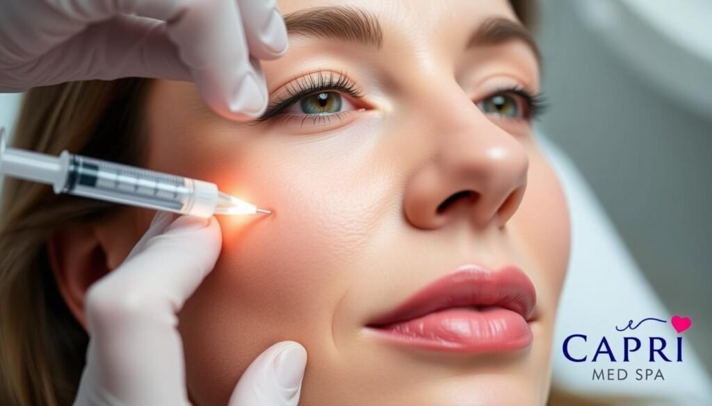 A close-up shot of a woman's face, showcasing the treatment process for her NasoLabial folds at Capri Med Spa. The lighting is soft and diffused, creating a soothing, clinical atmosphere. The camera is angled slightly above, capturing the patient's facial features in a flattering perspective. The foreground focuses on the injection site, with the practitioner's hand and the syringe filled with dermal filler visible. The middle ground reveals the patient's relaxed expression, conveying a sense of trust and comfort. The background is blurred, emphasizing the treatment and the Capri Med Spa brand name displayed discreetly in the corner.