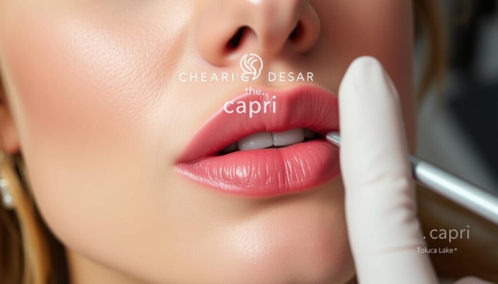 A close-up shot of a woman's lips during a Lip Blush Treatment at Capri Med Spa in Toluca Lake. The skin around the lips is smooth and well-prepped, with a natural, healthy glow from the treatment. The lips are slightly parted, revealing a vibrant, natural-looking pink hue that has been expertly applied. The lighting is soft and flattering, creating a relaxing, spa-like atmosphere. The camera angle is slightly elevated, giving a slightly elevated perspective that emphasizes the skilled artistry of the procedure. The background is blurred, keeping the focus on the lips and the Capri Med Spa branding.