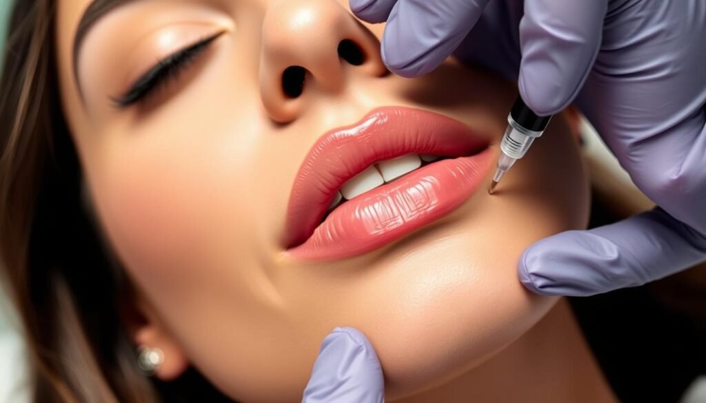 A close-up shot of a woman's lips receiving lip filler treatment at Capri Med Spa in Altadena. The procedure is performed by a skilled aesthetic nurse, with a gentle touch. The lips are gently plumped, creating a subtle, natural-looking enhancement. The lighting is soft and flattering, accentuating the smooth, hydrated texture of the lips. The background is blurred, keeping the focus on the lip area. The overall mood is one of relaxation and confidence, as the patient experiences Capri Med Spa's expertise in delivering beautiful, youthful lip results.