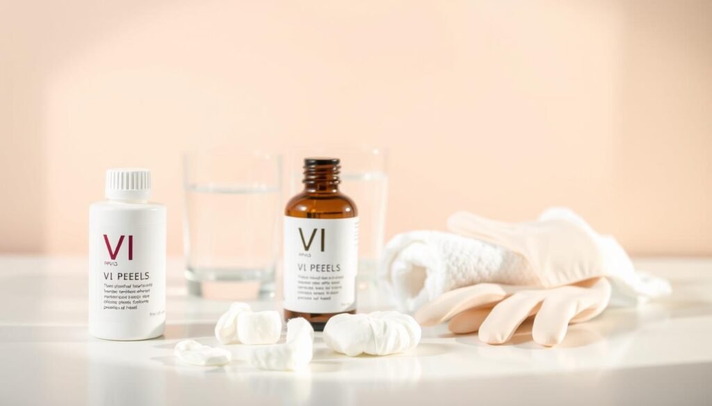 A close-up shot of skincare products and accessories arranged on a white surface, illuminated by soft, natural lighting. In the foreground, a bottle of VI Peel and a few cotton pads stand out prominently. In the middle ground, a glass of water, a clean towel, and a pair of latex gloves suggest the post-treatment care routine. The background features a minimalist, pastel-colored backdrop, creating a serene and relaxing atmosphere. The overall composition conveys the attention to detail and professionalism of Capri Med Spa's VI Peel aftercare recommendations.