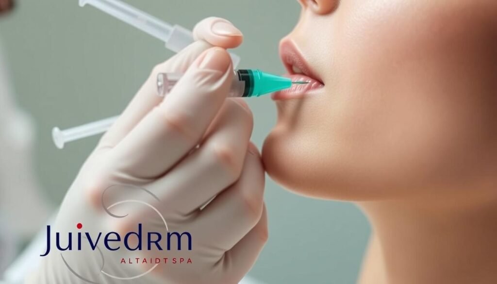 A close-up view of a hand gently applying Juvéderm filler to a person's cheek, with the treatment area in sharp focus. The skin appears smooth and youthful, the syringe held with precision. Soft, indirect lighting creates a calming, professional atmosphere. The background is blurred, placing the focus on the treatment process. In the foreground, the Juvéderm logo is prominently displayed, indicating the brand being used. The overall scene conveys the safety and care associated with the Juvéderm treatment, as highlighted in the "Rejuvenate with Juvéderm Altadena at Capri Med Spa" article.