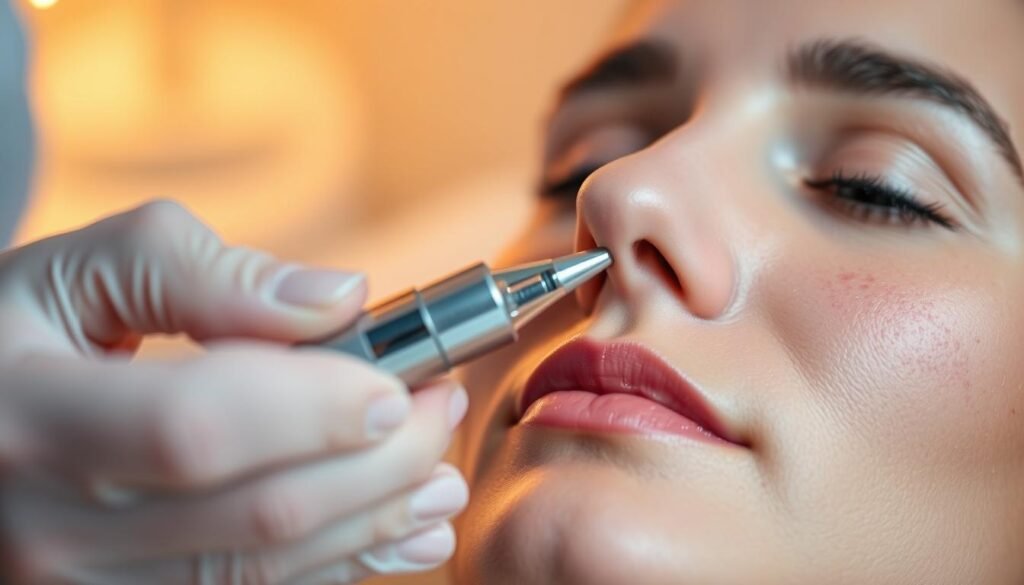 A close-up view of the black spot removal process, showcasing the Capri Med Spa's advanced dermatological techniques. In the foreground, a skilled technician's hand gently exfoliates the skin, using a specialized tool to precisely target and lift away discolored blemishes. The middle ground reveals the patient's face, relaxed and serene, as the treatment unfolds. The background is softly blurred, creating a sense of focus and attention on the delicate procedure. Warm, diffused lighting illuminates the scene, capturing the care and expertise of the Capri Med Spa team. The overall mood is one of professionalism, tranquility, and a promise of radiant, even-toned skin.