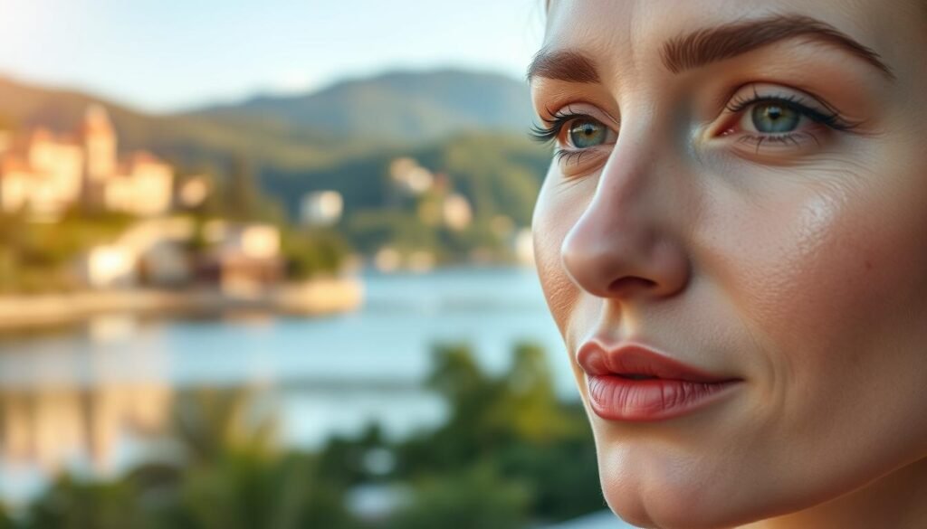 A closeup image of a woman's face, with a flawless, luminous complexion. The background is a serene, blurred view of the Toluca Lake area, with its lush greenery and picturesque buildings. The lighting is soft and diffused, creating a warm, inviting atmosphere. The woman's skin is visibly smooth, with an even tone and no visible blemishes or dark spots. The image showcases the effectiveness of Capri Med Spa's dark spot removal treatments, highlighting the clinic's expertise in providing a natural, rejuvenated appearance. The mood is one of confidence, radiance, and the results of a successful skincare regimen.