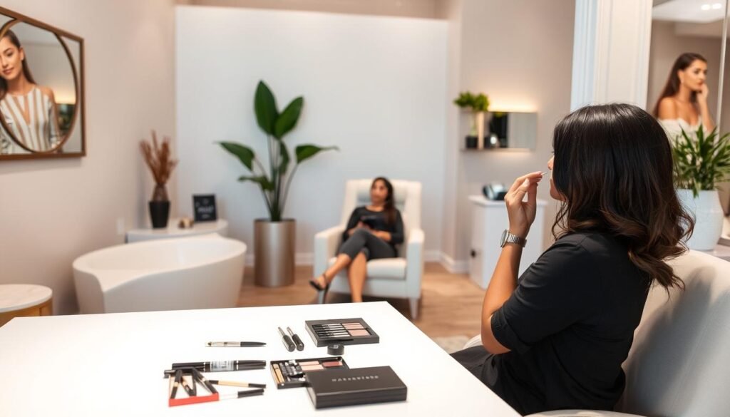 A cozy, well-lit interior of Capri Med Spa in Toluca Lake. The foreground features a professional makeup artist preparing for a lip blushing session, meticulously arranging their tools on a clean, minimalist table. The middle ground showcases a client relaxing in a comfortable chair, their face partially obscured by the artist's careful ministrations. The background depicts the spa's serene, spa-like ambiance with neutral-toned walls, soft lighting, and subtle botanical accents, creating an atmosphere of tranquility and pampering. The entire scene conveys a sense of expertise, care, and attentiveness befitting a high-quality semi-permanent makeup establishment.