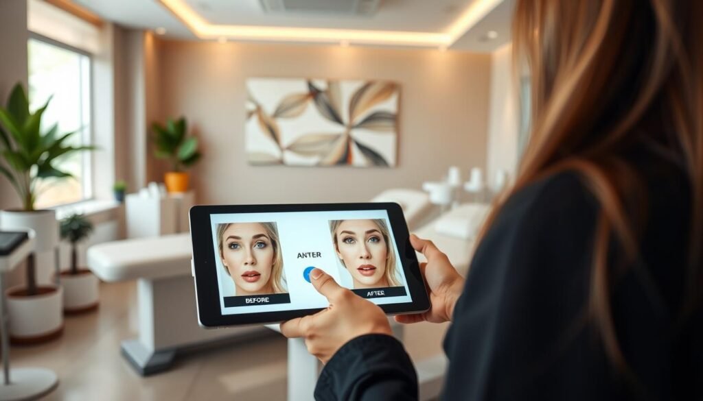 A detailed medical spa interior with a calming, modern aesthetic. In the foreground, a woman's hand rests on a tablet displaying before-and-after wrinkle reduction results from Capri Med Spa treatments. The middle ground features sleek treatment tables and equipment, bathed in warm, diffused lighting. The background showcases a serene, nature-inspired decor with potted plants and abstract artwork. The overall scene conveys professionalism, expertise, and a high-end, relaxing experience for Capri Med Spa's wrinkle removal services.