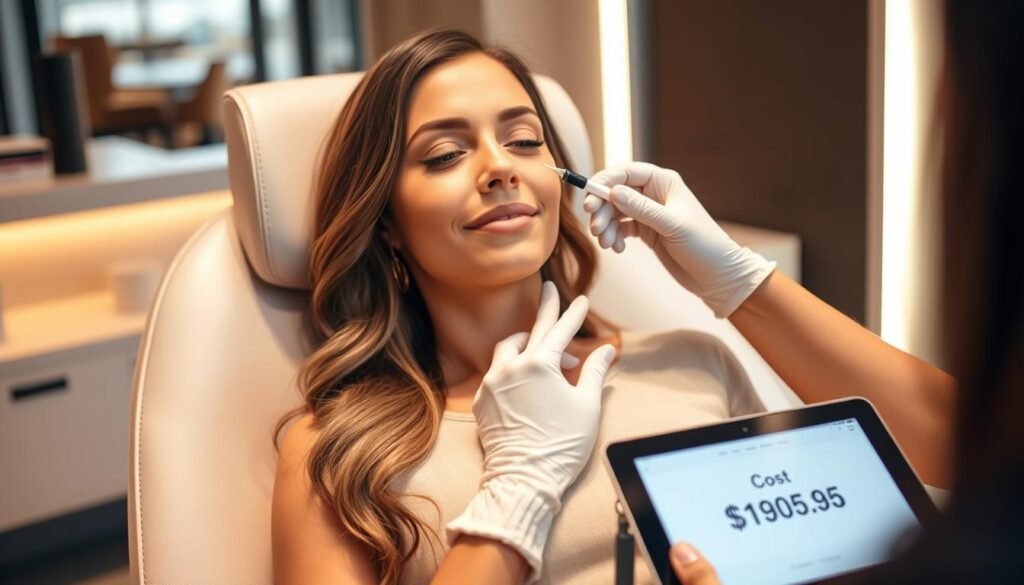 A high-end medical spa in the heart of Toluca Lake, Capri Med Spa offers top-tier lip filler treatments. The interior features sleek, modern decor with soft lighting and a calming atmosphere. A woman in her 30s sits in a plush chair, her face relaxed as the skilled aesthetician carefully injects filler into her lips, enhancing their volume and shape. The procedure is performed with precision and care, ensuring natural-looking results. The final image showcases the cost of the service, displayed discreetly on a tablet in the foreground.