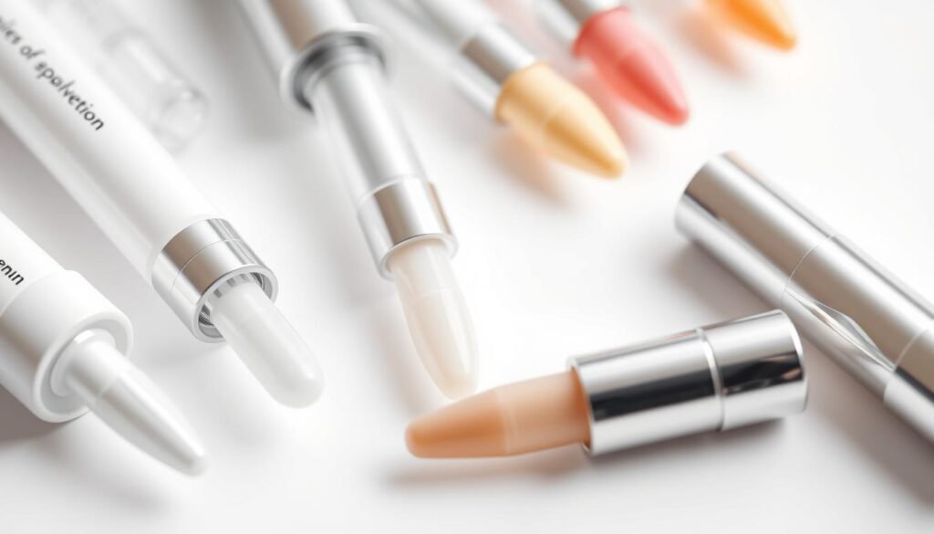 A high-quality, clinical close-up of various dermal fillers used for facial rejuvenation, showcased on a clean, white background. The fillers are neatly arranged, capturing their distinct textures, colors, and viscosities. Soft, directional lighting illuminates the products, emphasizing their smooth, gel-like consistencies. The scene conveys a sense of professionalism and medical expertise, as if photographed in the Capri Med Spa clinic. The overall atmosphere is one of precision, innovation, and the promise of youthful, radiant skin. A high-quality, clinical close-up of various dermal fillers used for facial rejuvenation, showcased on a clean, white background. The fillers are neatly arranged, capturing their distinct textures, colors, and viscosities. Soft, directional lighting illuminates the products, emphasizing their smooth, gel-like consistencies. The scene conveys a sense of professionalism and medical expertise, as if photographed in the Capri Med Spa clinic. The overall atmosphere is one of precision, innovation, and the promise of youthful, radiant skin.