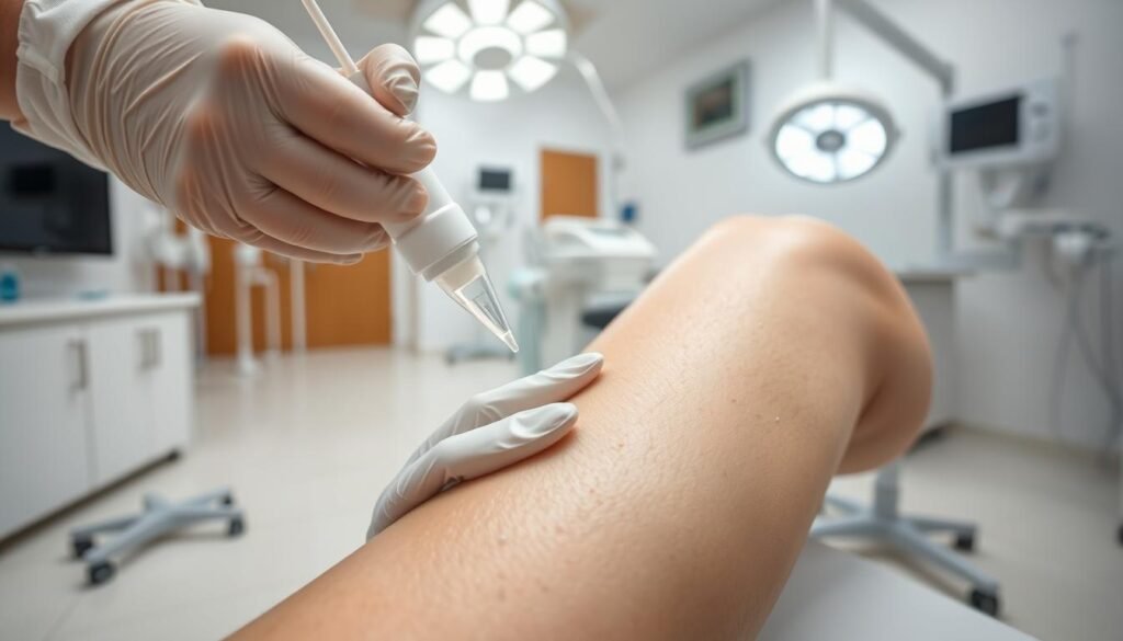 A high-quality, clinical-looking image of spider vein treatment at Capri Med Spa. The foreground shows a close-up view of a human leg with prominent, bluish spider veins. A medical professional's hand, wearing latex gloves, is gently applying a treatment solution or device to the leg, with various medical tools and instruments visible in the middle ground. The background features a clean, sterile medical environment with tiled floors, bright lighting, and medical equipment. The overall mood is one of professionalism, care, and effective spider vein removal treatment.
