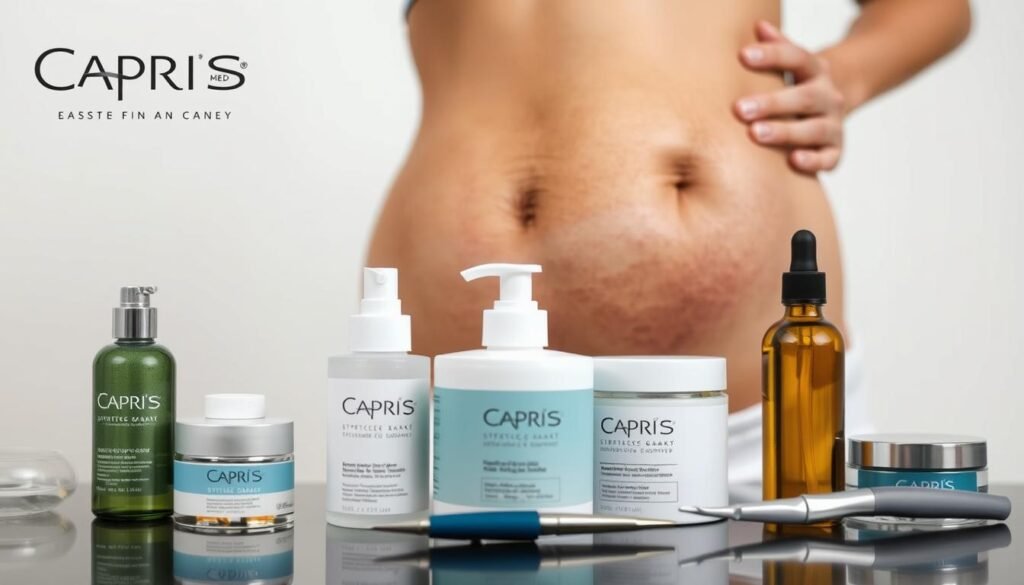 A high-quality image of "get rid of stretch marks Altadena" featuring the Capri Med Spa brand. The image depicts a close-up of a woman's abdomen with visible stretch marks, along with various skin care products and tools used for stretch mark removal treatment. The foreground shows the products in focus, while the middle ground features the stretch marked skin, and the background is a clean, minimalist studio setting with soft, diffused lighting. The image conveys a sense of professionalism, efficacy, and care associated with Capri Med Spa's stretch mark removal services.