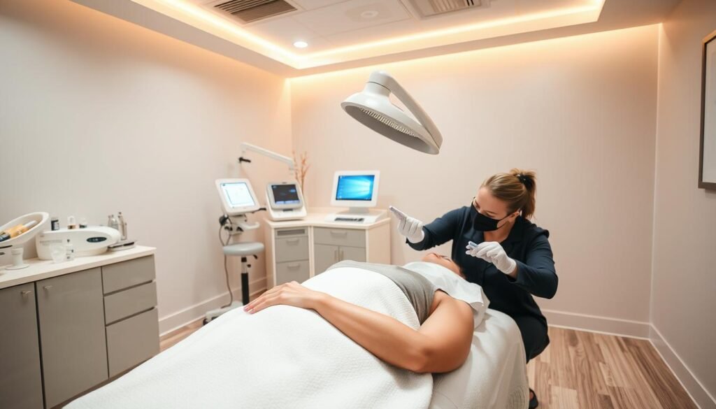A high-resolution image of a Capri Med Spa treatment room showcasing an ISR (Intense Skin Rejuvenation) procedure. The room is brightly lit with warm, soft lighting, creating a calming and professional atmosphere. In the foreground, a patient reclines comfortably on a treatment table, while a skilled technician carefully administers the ISR treatment, focusing on specific skin concerns. The middle ground features advanced medical equipment and skincare products, conveying the sophisticated and cutting-edge nature of the treatment. The background subtly blends soothing tones and minimalist decor, complementing the serene and rejuvenating ambiance of the space.