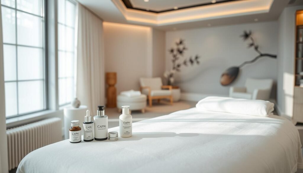 A luxurious spa interior with natural lighting filtering through large windows, highlighting the serene and relaxing atmosphere. In the foreground, a plush treatment table adorned with crisp white linens and calming essential oil diffusers. Surrounding the table, high-end skincare products from the Capri Med Spa brand are neatly arranged, conveying a sense of professionalism and attention to detail. The middle ground features soft, neutral-toned furnishings and decor, creating a tranquil and rejuvenating environment. In the background, a minimalist, nature-inspired wall mural or artwork adds to the soothing ambiance. The overall lighting is warm and gentle, evoking a sense of comfort and relaxation.