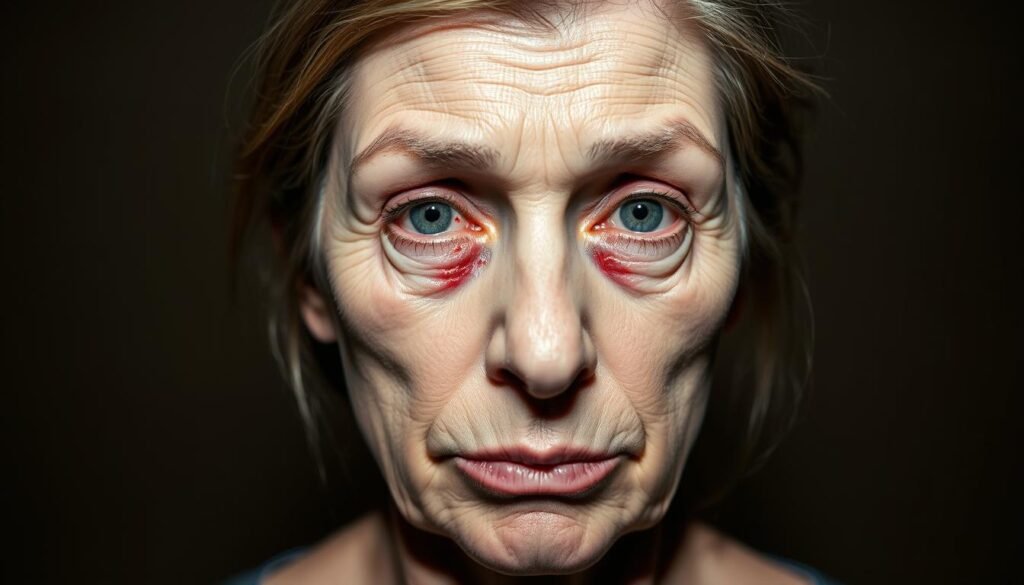 A middle-aged woman's face, slightly distorted and swollen, with visible bruising and redness around the eyes and forehead. The skin appears taut and unnatural, giving an unsettling, artificial impression. The lighting is harsh, casting dramatic shadows that emphasize the unnatural features. The background is blurred, keeping the focus on the subject's face and the potential side effects of Botox treatments. The overall mood is one of discomfort and concern, highlighting the risks associated with Capri Med Spa's Botox procedures.