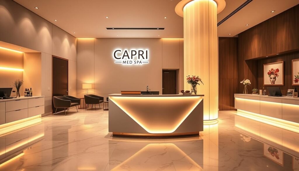 A modern and sleek medical spa interior with the Capri Med Spa logo prominently displayed. Warm lighting illuminates the reception area, creating a calming and inviting atmosphere. The floor is made of polished marble tiles, and the walls feature a minimalist design with neutral tones. In the foreground, a stylish receptionist's desk takes center stage, highlighting the cost of scalp micropigmentation services offered. The middle ground showcases comfortable seating options for clients, while the background features elegant decor and carefully curated artwork. The overall composition conveys a sense of professionalism, quality, and attention to detail that aligns with the article's subject matter.