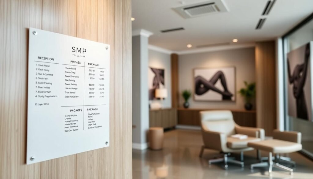 A modern, minimalist interior space showcasing the affordable SMP (Scalp Micropigmentation) services of Capri Med Spa in Toluca Lake. The scene features a well-lit, clean reception area with a sleek, contemporary design. In the foreground, a simple price list and package options are prominently displayed on a minimalist wooden or white wall panel. The middle ground shows comfortable, ergonomic chairs and a warm, welcoming atmosphere. The background subtly hints at the broader Toluca Lake locale through large windows or abstract art. Lighting is soft and natural, creating a calming, professional ambiance. The overall impression conveys the affordability and quality of Capri Med Spa's SMP treatments in an inviting, upscale setting.