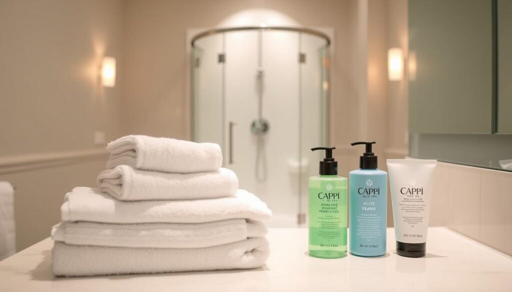 A pristine bathroom setting, with soft, diffused lighting illuminating a cozy scene. In the foreground, a stack of clean, plush towels rests on a pristine vanity, alongside a selection of gentle, fragrance-free moisturizers and soothing aloe vera gel from the Capri Med Spa. In the middle ground, a minimalist, modern shower enclosure stands, its glass panels gleaming. The background features serene, calming wall colors, complemented by understated wall sconces that cast a warm, inviting glow. The overall atmosphere exudes a sense of tranquility and care, perfectly capturing the essence of "Aftercare Best Practices" for laser hair removal procedures performed at the Capri Med Spa.