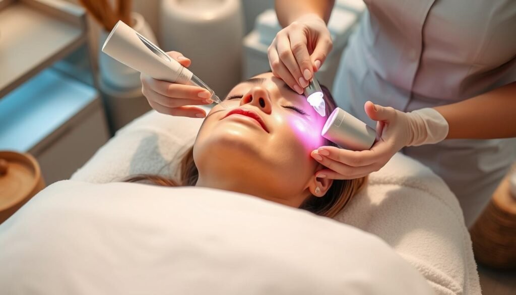 A professional chemical peel treatment at Capri Med Spa in Toluca Lake. The client reclines comfortably on a plush treatment table, their face gently illuminated by soft, diffused lighting. The aesthetician's skilled hands apply the rejuvenating peel solution, working it into the skin with focused precision. Surrounding the scene, a serene, spa-like atmosphere with natural textures and soothing earth tones sets the mood for a relaxing, rejuvenating experience. A close-up view captures the delicate process, highlighting the advanced skincare technology and the care taken by the experienced Capri Med Spa team.