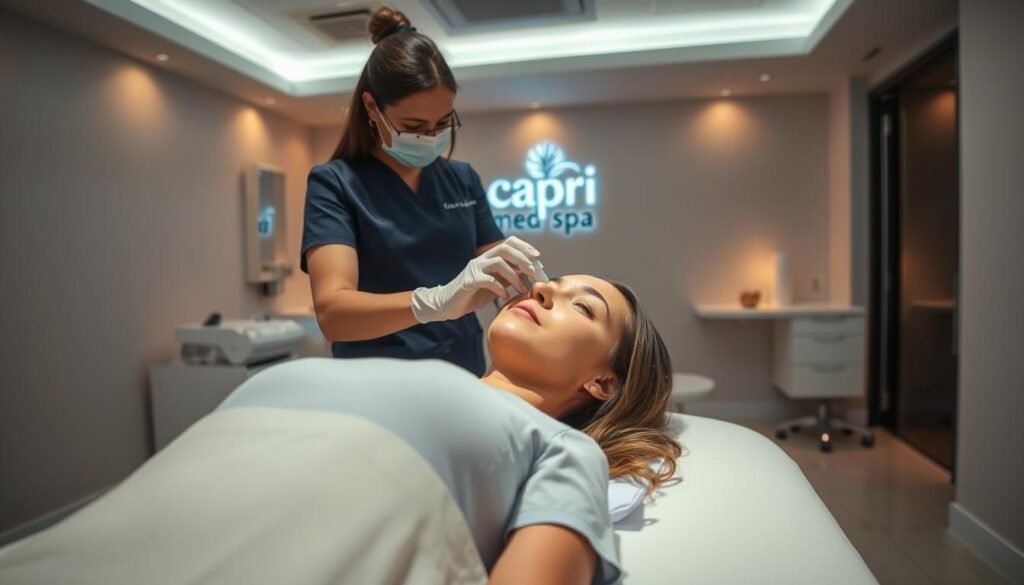 A professional-looking medical spa interior, dimly lit with warm, ambient lighting. In the foreground, a woman reclining on a treatment table, as a nurse in scrubs gently applies the VI Peel chemical solution to her face. Capri Med Spa logo visible on the wall behind them. The room is spacious, with clean white walls and modern medical equipment visible in the background, conveying a sense of tranquility and high-quality care. The atmosphere is serene, with a focus on the delicate, meticulous procedure.