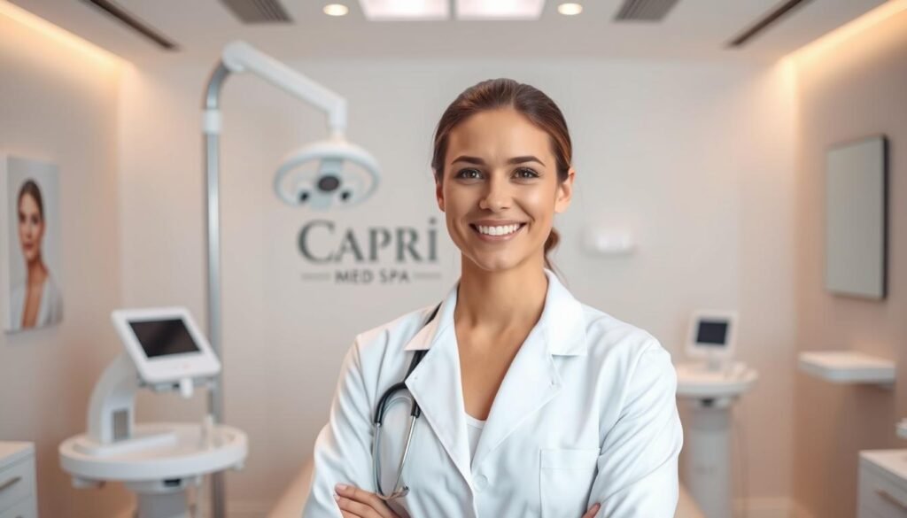 A professional-looking scar removal specialist posing confidently in a pristine Capri Med Spa treatment room. The subject stands in the middle of the frame, dressed in a white lab coat and wearing a warm, reassuring expression. Soft, even lighting illuminates their face, accentuating their expertise and approachability. The background features sleek, modern medical equipment and soothing, neutral-toned decor, creating a calming, clinical atmosphere. The overall mood conveys a sense of trust, competence, and the transformative power of the scar removal services offered at Capri Med Spa.