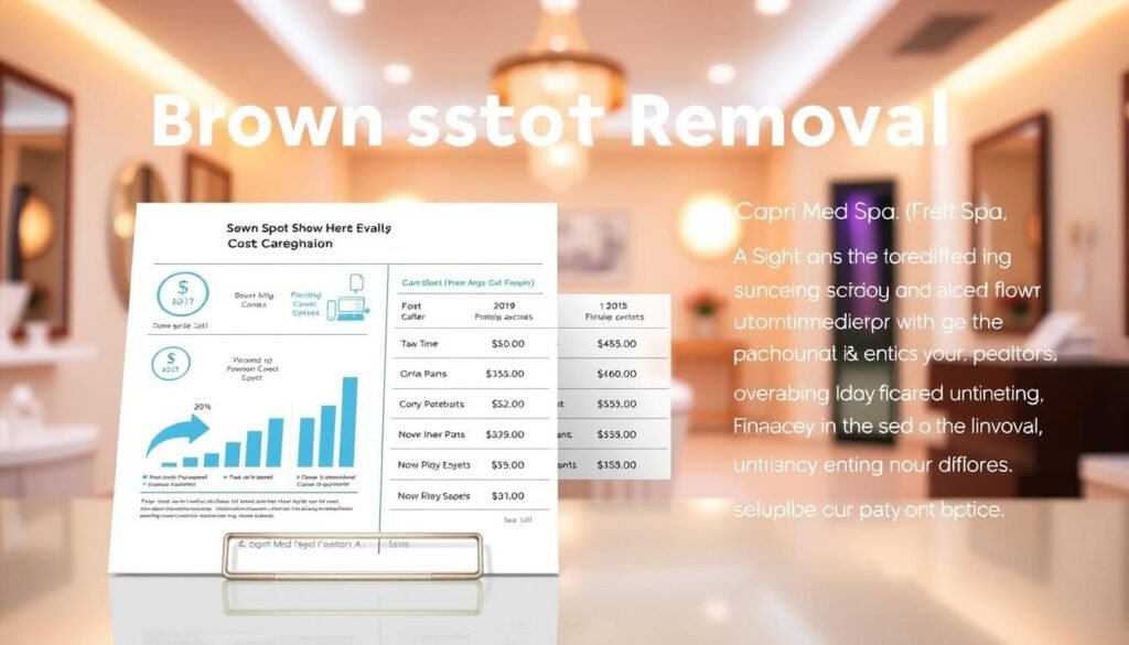 A professional, modern-looking image of a brown spot removal cost breakdown, showcasing the various financing options available at Capri Med Spa. The foreground features a clean, minimalist layout with charts, graphs, and icons detailing the costs and payment plans. The middle ground has a serene, calming atmosphere with a blurred background of the Capri Med Spa interior, highlighting the clinic's high-end, spa-like ambiance. Warm, soft lighting casts a gentle glow, creating an inviting and trustworthy atmosphere. The overall composition conveys a sense of affordability, accessibility, and the expertise of the Capri Med Spa team.