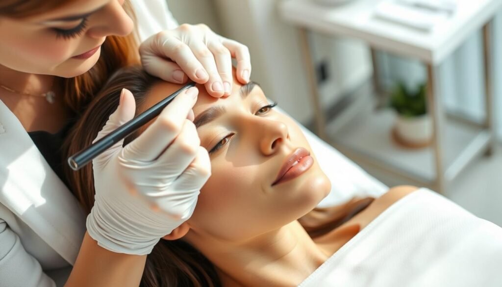 A professional powdered brow artist working at the Capri Med Spa in Altadena, applying subtle makeup strokes to create natural-looking brows on a serene, youthful face. The artist's skilled hands wield precision tools in soft, natural lighting, while the client reclines comfortably, exuding a sense of tranquility. In the background, the spa's elegant decor and calming ambiance set the stage for this transformative beauty treatment. The resulting image captures the expertise and care that goes into delivering an exceptional powdered brow experience at the Capri Med Spa in Altadena.