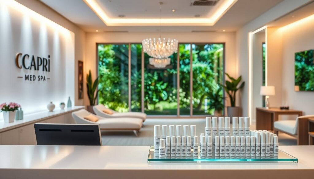 A serene, airy medical spa interior with soft, warm lighting. In the foreground, a sleek, modern reception desk featuring the Capri Med Spa logo. Beyond, treatment rooms with cozy, relaxing chairs and calming decor. The middle ground showcases an array of temple filler products, meticulously arranged on a glass display. The background features elegant, floor-to-ceiling windows, offering a tranquil view of a lush, verdant garden. The overall atmosphere exudes professionalism, comfort, and the promise of enhancing natural beauty.