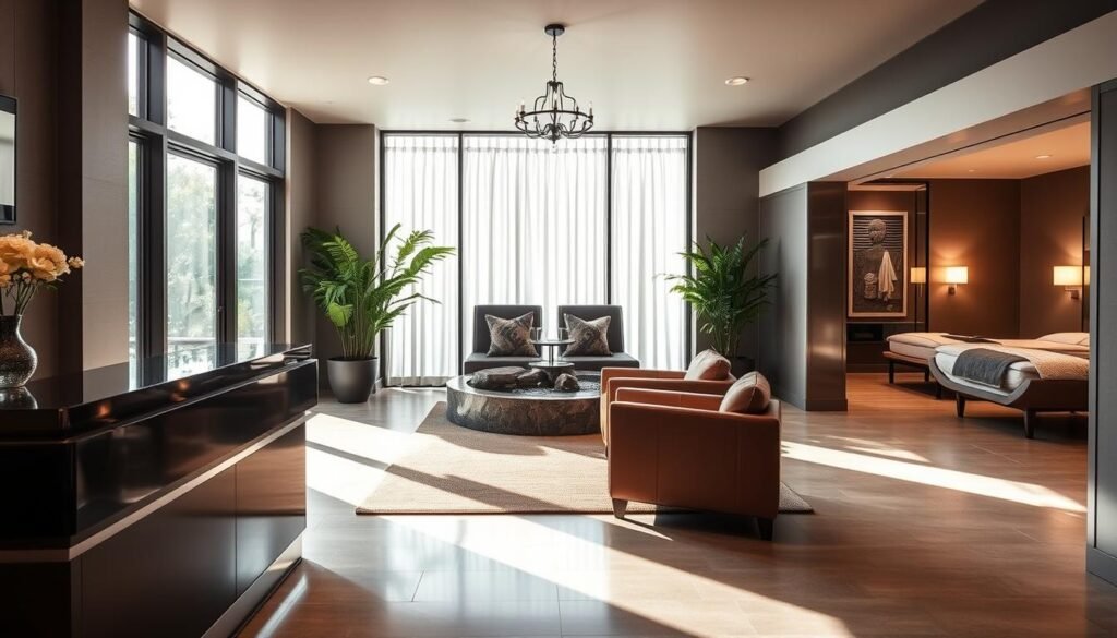 A serene and luxurious men's spa nestled in the heart of Altadena, Capri Med Spa offers a tranquil oasis for relaxation and rejuvenation. Soft natural lighting filters through large windows, illuminating the sleek, modern interior. In the foreground, a stylish reception desk greets guests, while plush leather chairs and a soothing water feature create a welcoming ambiance in the middle ground. In the background, private treatment rooms promise an exclusive, personalized experience. The overall atmosphere exudes a sense of refined sophistication, inviting visitors to indulge in the ultimate pampering at Capri Med Spa. A serene and luxurious men's spa nestled in the heart of Altadena, Capri Med Spa offers a tranquil oasis for relaxation and rejuvenation. Soft natural lighting filters through large windows, illuminating the sleek, modern interior. In the foreground, a stylish reception desk greets guests, while plush leather chairs and a soothing water feature create a welcoming ambiance in the middle ground. In the background, private treatment rooms promise an exclusive, personalized experience. The overall atmosphere exudes a sense of refined sophistication, inviting visitors to indulge in the ultimate pampering at Capri Med Spa.