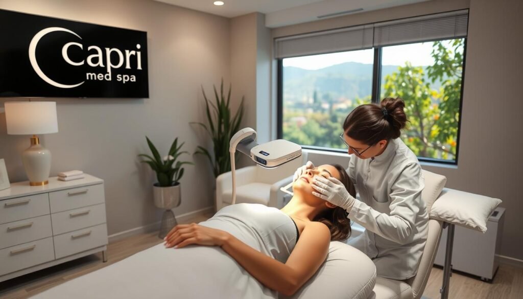 A serene and professional medical setting with soft lighting, featuring the Capri Med Spa logo prominently displayed. In the foreground, a patient reclines comfortably as a skilled practitioner applies a non-invasive freckle removal treatment, utilizing advanced technology to gently fade and smooth the skin. The middle ground showcases clean, modern furnishings and soothing decor, creating a calming atmosphere. The background subtly hints at the picturesque town of Altadena, with verdant foliage and a hint of the San Gabriel Mountains visible through the windows, suggesting a tranquil and rejuvenating experience.