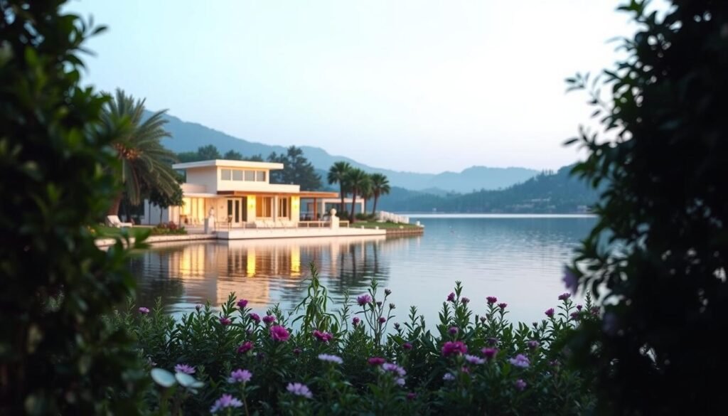 A serene and tranquil scene of the IPL Toluca Lake at the Capri Med Spa. The lakefront is bathed in warm, soft lighting, creating a calming and inviting atmosphere. The middle ground features the spa's modern, yet elegant architecture, blending seamlessly with the natural surroundings. In the foreground, lush greenery and flowering plants frame the scene, adding a touch of natural beauty. The background showcases the serene, still waters of the lake, reflecting the surrounding landscape in a picturesque manner. The overall mood is one of relaxation and rejuvenation, perfectly capturing the essence of the "What to Expect During Your IPL Session" section.