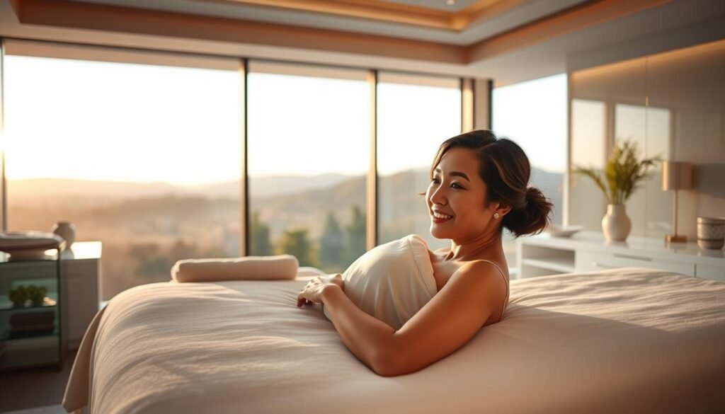 A serene and tranquil scene set in the picturesque town of Altadena, showcasing the luxurious Capri Med Spa. In the foreground, a woman reclines on a plush treatment table, her face radiant and youthful after a rejuvenating skincare treatment. Soft, diffused lighting illuminates the space, creating a calming ambiance. In the middle ground, the spa's elegant interior unfolds, with minimalist decor and soothing neutral tones. The background features a panoramic view of the surrounding Altadena hills, bathed in the warm glow of the setting sun. This image captures the essence of the Capri Med Spa's commitment to effortless age spot removal and the satisfaction of their clients.