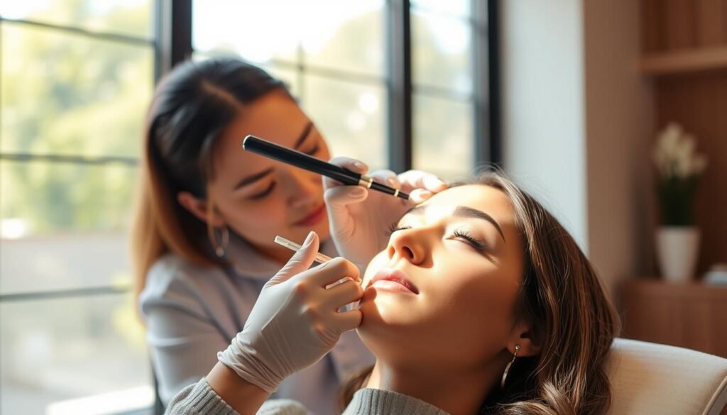 A serene and well-lit interior of Capri Med Spa in Altadena, showcasing a skilled technician performing a microblading procedure on a client's eyebrows. The subject is illuminated by a soft, natural light filtering through large windows, creating a warm, inviting atmosphere. The technician's hands are steady and precise, meticulously shaping the brows to achieve a natural, yet defined look. The client's face is relaxed, indicating a comfortable and professional experience. The overall scene conveys a sense of expertise, attention to detail, and a commitment to elevating the client's appearance with ease.