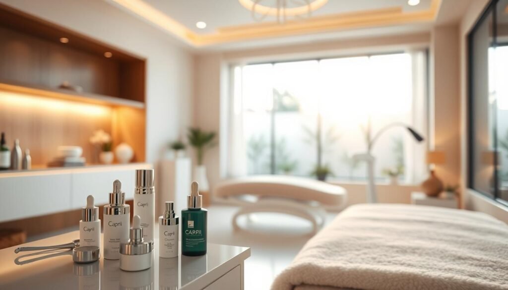 A serene medical spa interior with a focus on advanced acne treatments. In the foreground, a sleek, modern aesthetic showcases various high-tech skincare devices and serums against a backdrop of soft, diffused lighting. The middle ground features a soothing color palette of natural tones, complemented by the warm glow of ambient lighting and the subtle textures of natural materials. In the background, a large window offers a glimpse of a tranquil outdoor garden, evoking a sense of zen and wellness. The overall atmosphere conveys the expertise and innovative approach of Capri Med Spa in Altadena, where advanced acne treatments are tailored to each individual's needs.