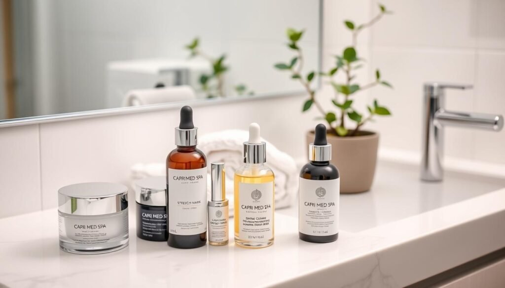 A serene, minimalist bathroom setting, with soft, diffused lighting illuminating a vanity top showcasing various self-care products. In the foreground, a collection of high-end skincare items, including moisturizers, serums, and a bottle labeled "Capri Med Spa" stretch mark treatment. The middle ground features a plush bath towel and a tranquil potted plant, while the background subtly hints at a relaxing, spa-like atmosphere. The overall mood is one of wellness, self-care, and effective, tailored solutions for optimal skin health and appearance.