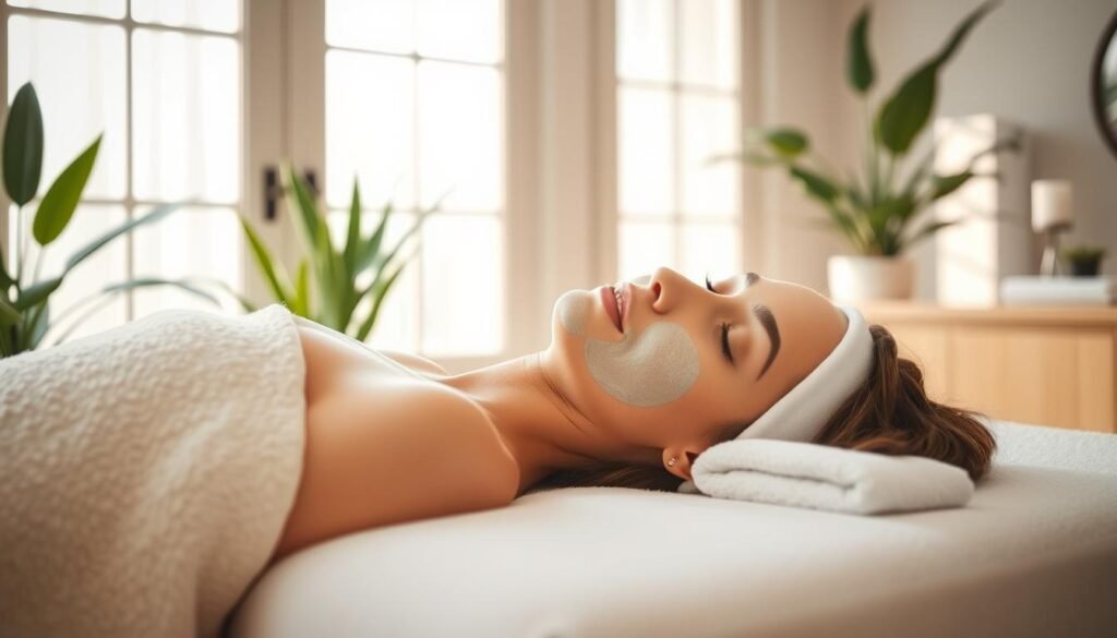 A serene, natural-looking facial treatment scene at Capri Med Spa in Altadena. A woman reclines on a plush table, her face glowing with a nourishing botanical mask. Soft natural light filters through large windows, casting a warm, relaxing ambiance. In the background, lush plants and minimalist decor evoke a tranquil spa atmosphere. The woman's expression conveys a sense of rejuvenation and well-being. The composition emphasizes the beauty and efficacy of the Capri Med Spa's facials, inviting the viewer to consider how often they might indulge in such a restorative experience.