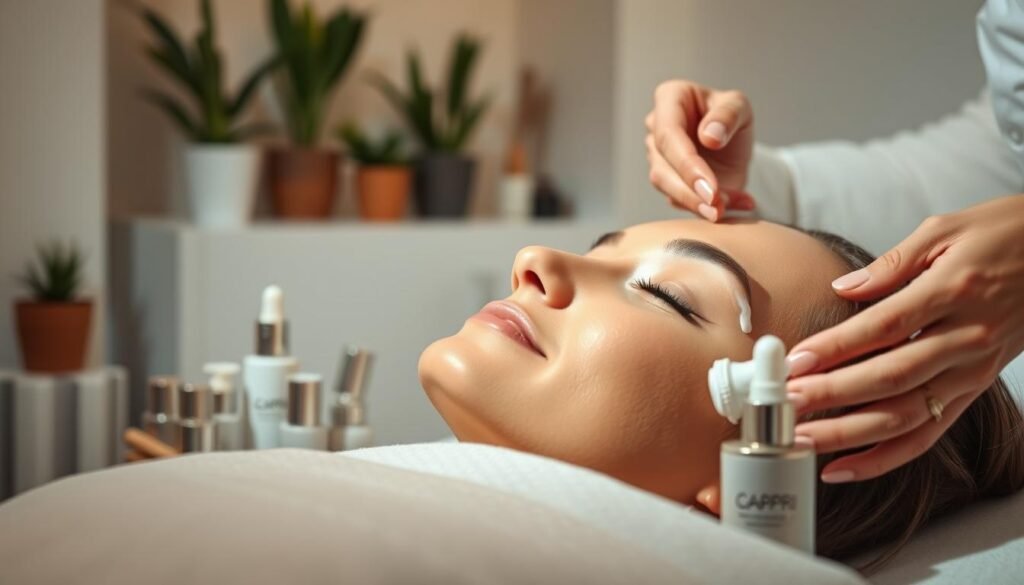 A serene, spa-like setting with soft lighting illuminating a woman's relaxed, glowing face as she undergoes a rejuvenating anti-aging facial treatment at Capri Med Spa. The foreground features her skin being massaged with luxurious creams and serums, while the middle ground showcases an array of professional-grade skincare products. The background depicts a calming, minimalist interior with natural elements like potted plants, creating an atmosphere of tranquility and wellness.