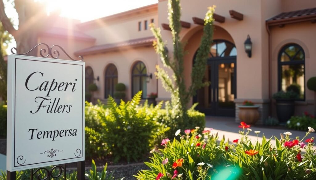 A serene, sun-drenched scene of the Capri Med Spa's Toluca Lake location. In the foreground, a beautifully crafted sign for "Temples Fillers" stands elegantly, beckoning visitors. The middle ground features a well-maintained garden, with lush greenery and vibrant flowers framing the entry. In the background, the architecture of the spa building exudes an inviting, modern Mediterranean aesthetic, its clean lines and warm tones creating a calming ambiance. Soft, diffused lighting casts a gentle glow over the entire composition, conveying a sense of tranquility and professionalism. The overall image aims to communicate the high-quality services and welcoming atmosphere of Capri Med Spa. A serene, sun-drenched scene of the Capri Med Spa's Toluca Lake location. In the foreground, a beautifully crafted sign for "Temples Fillers" stands elegantly, beckoning visitors. The middle ground features a well-maintained garden, with lush greenery and vibrant flowers framing the entry. In the background, the architecture of the spa building exudes an inviting, modern Mediterranean aesthetic, its clean lines and warm tones creating a calming ambiance. Soft, diffused lighting casts a gentle glow over the entire composition, conveying a sense of tranquility and professionalism. The overall image aims to communicate the high-quality services and welcoming atmosphere of Capri Med Spa.