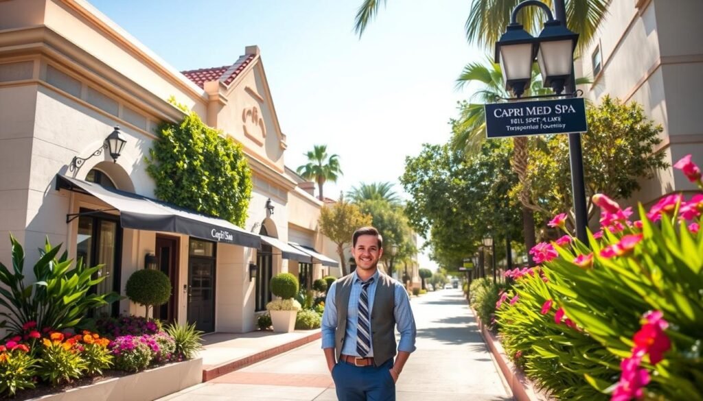 A serene, sun-drenched street in Toluca Lake, California, with the Capri Med Spa's elegant facade prominently displayed. Lush foliage and vibrant flowers frame the entrance, inviting visitors to discover the expertise within. The SMP specialist stands outside, welcoming clients with a warm, professional demeanor, ready to guide them through the transformative process of scalp micropigmentation. The scene exudes a sense of tranquility and trust, reflecting the care and attention Capri Med Spa dedicates to each patient's unique journey.