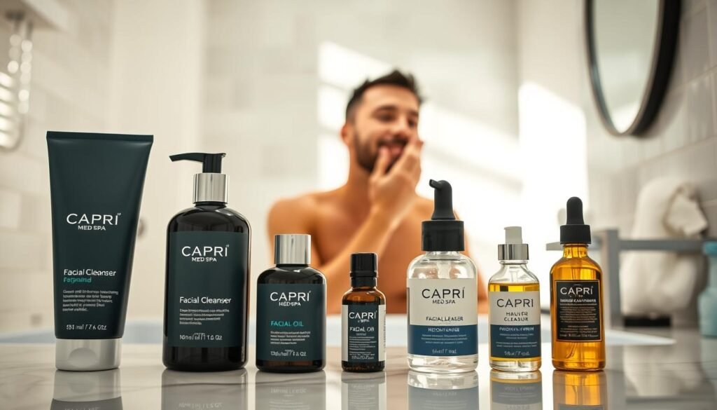 A serene, well-lit bathroom setting with a sleek, minimalist aesthetic. In the foreground, an array of premium skincare products from Capri Med Spa, including a facial cleanser, moisturizer, and facial oil, all arranged in a visually appealing manner. The middle ground features a man's hands gently applying the moisturizer to his freshly cleansed face, reflecting the importance of self-care. The background showcases a modern, tiled wall with natural lighting filtering in, creating a calming and rejuvenating atmosphere. The overall composition conveys a sense of relaxation, luxury, and the elevated grooming rituals of the modern gentleman.