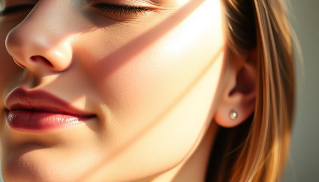 A serene, well-lit close-up of a person's face, showcasing the radiant, youthful glow of their skin after a skin rejuvenation treatment at Capri Med Spa in Altadena. Soft, diffused lighting from the side creates a warm, inviting atmosphere, accentuating the smoothness and even tone of the skin. The image captures the skin's renewed elasticity and the reduction of fine lines and dark spots, highlighting the effectiveness of the treatment. The subject's expression conveys a sense of relaxation and satisfaction with the results.