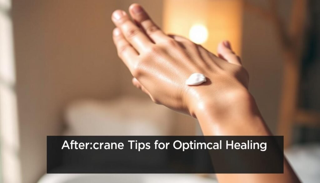 A serene, well-lit close-up shot of a person's hand gently applying a moisturizing cream to their forearm, where a few age spots are visible. The skin appears soft and smooth, with a healthy glow. The background is blurred, giving focus to the central action. Warm, natural lighting casts a comforting ambiance. The scene conveys a sense of relaxation and rejuvenation, reflecting the "Aftercare Tips for Optimal Healing" at Capri Med Spa.