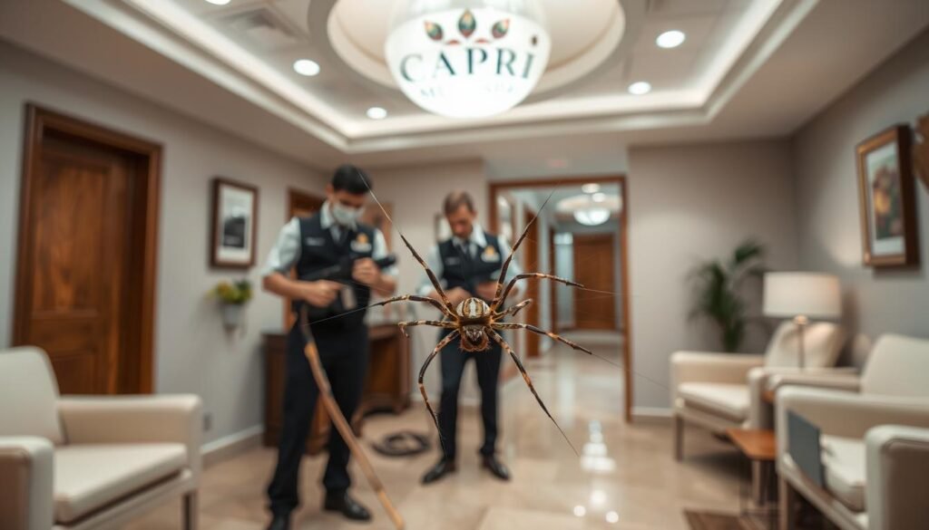 A serene, well-lit medical spa interior with a prominent Capri Med Spa logo, showcasing a team of professional spider removal experts in crisp uniforms, utilizing state-of-the-art equipment to safely and effectively eliminate spiders from the premises. The foreground features a close-up of a spider being carefully captured, while the middle ground depicts the specialists methodically inspecting for any lingering arachnids. The background showcases a tranquil, clean waiting area, reflecting the spa's commitment to providing a comfortable, secure environment for its clients.