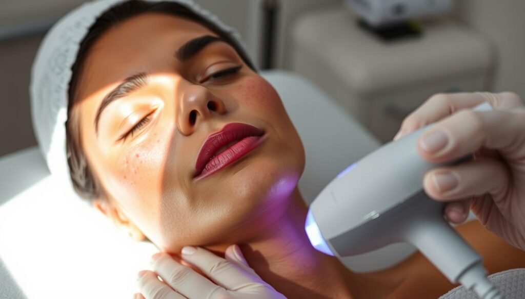A serene, well-lit scene of a person undergoing non-invasive freckle removal treatment at Capri Med Spa in Altadena. The subject's face is gently illuminated by soft, diffused lighting, highlighting their natural features and skin tone. In the foreground, a high-quality medical device is carefully applied to the subject's skin, emitting a subtle, therapeutic glow. The background is a clean, professional medical environment, creating a calming and trustworthy atmosphere. The overall composition conveys the benefits of professional freckle removal at Capri Med Spa - a safe, effective, and rejuvenating experience.
