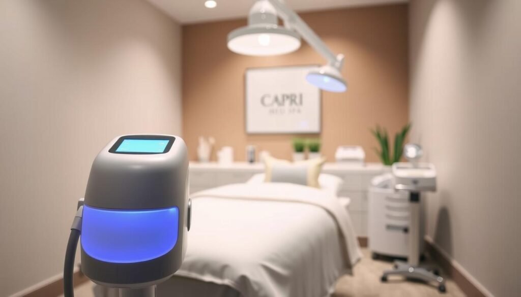 A serene, well-lit treatment room at the Capri Med Spa in Altadena, showcasing the latest hyperpigmentation treatment options. The room has a calming, spa-like ambiance with soft lighting, neutral-toned walls, and modern medical equipment. In the foreground, a high-quality, state-of-the-art hyperpigmentation treatment device takes center stage, its sleek design and advanced technology evident. The middle ground features a comfortable treatment table, with crisp, white linens and plush pillows, inviting the patient to relax. The background subtly depicts the professional, yet inviting atmosphere of the Capri Med Spa, with subtle hints of greenery and natural accents. The overall scene conveys a sense of trust, expertise, and an exceptional patient experience.