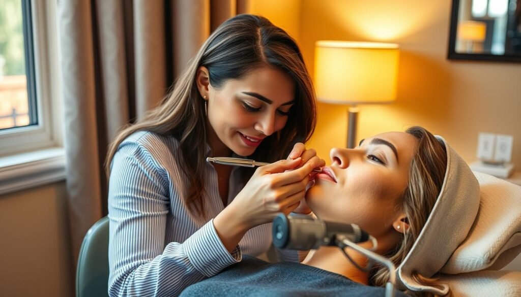 A skilled lip tattoo artist, working at the Capri Med Spa in Toluca Lake, sits in a warm, inviting studio. Soft natural light filters through the window, highlighting the intricate details of her work. Her hands move with precision, delicately applying permanent makeup to a client's lips, transforming them with a natural, youthful flush. The artist's expression is one of focused concentration, a true master of her craft. The client's face is relaxed, their trust evident in the artist's gentle touch. The overall atmosphere conveys a sense of professionalism, expertise, and the transformative power of this specialized lip blushing treatment.