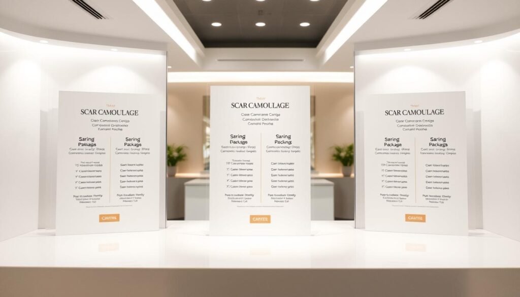 A sleek, modern display of scar camouflage pricing packages offered at Capri Med Spa. Crisp white surfaces highlight the streamlined layout, with clean typography and minimal iconography. The middle ground features a sophisticated color palette of neutrals, accented by subtle pops of a signature Capri Med Spa brand color. Soft, directional lighting casts an inviting glow, creating a sense of professionalism and attention to detail. The background suggests a high-end, spa-like environment, with hints of luxurious textures and finishes. An overall tone of clinical expertise, combined with a welcoming, spa-inspired ambiance.