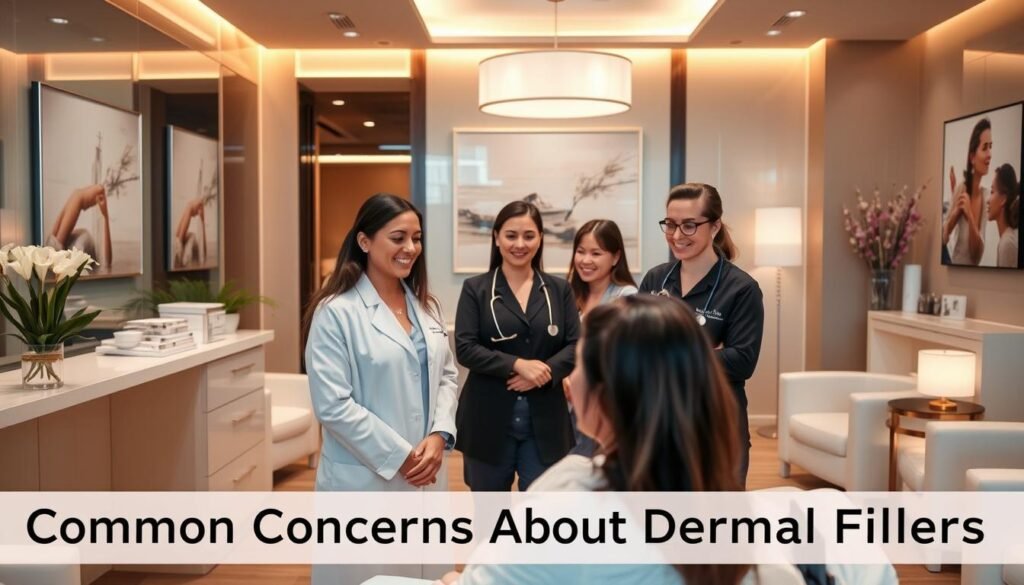 A sleek, modern medical spa interior with warm lighting and calming neutral tones. In the foreground, a team of dermal filler specialists from Capri Med Spa consult with a patient, their faces conveying expertise and compassion. The middle ground showcases various dermal filler treatment options, while the background features serene artwork and elegant furnishings, creating an atmosphere of professionalism and trust. The scene exudes a sense of rejuvenation and care, perfectly capturing the essence of the "Common Concerns About Dermal Fillers" section.
