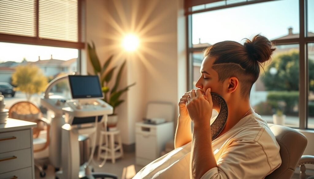 A sun-drenched clinic interior, warm and inviting. In the foreground, a patient sits comfortably as a Capri Med Spa technician administers a scalp micropigmentation treatment, their skilled hands meticulously applying pigment to restore a natural hairline. Mid-frame, sleek medical equipment and soothing decor create a serene atmosphere. The background features large windows overlooking the vibrant Toluca Lake neighborhood, bathing the scene in a soft, golden light. The overall mood is one of professionalism, care, and the promise of renewed confidence.