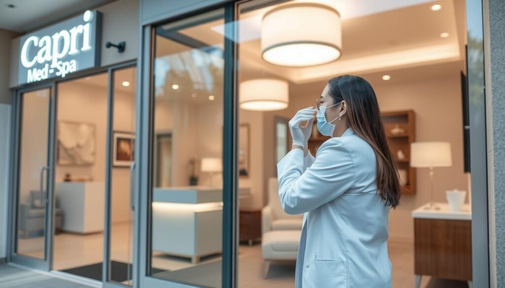 A tranquil medical spa in Altadena, California. The exterior features a modern, inviting facade with a stylish signage for "Capri Med Spa". Through the glass doors, patients can see a calming, well-lit reception area with elegant decor. In the procedure room, a comfortable reclining chair is positioned beneath soft, diffused lighting. A skilled practitioner, wearing a crisp white coat, prepares the Botox treatment with precision and care. The atmosphere exudes professionalism, safety, and a personalized approach to aesthetic rejuvenation.